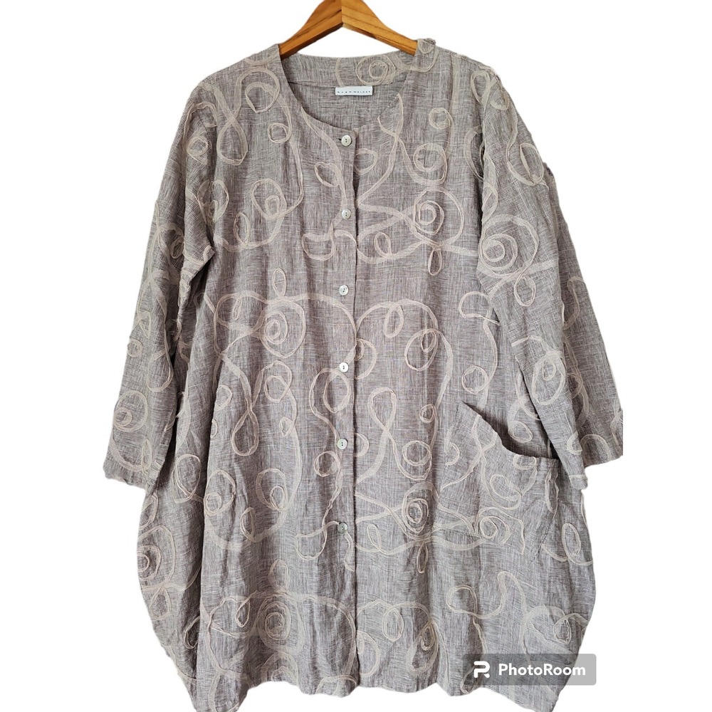 BRYN WALKER Tan Lagenlook Linen Mesh Swirl Design Button Tunic Jacket M VC01